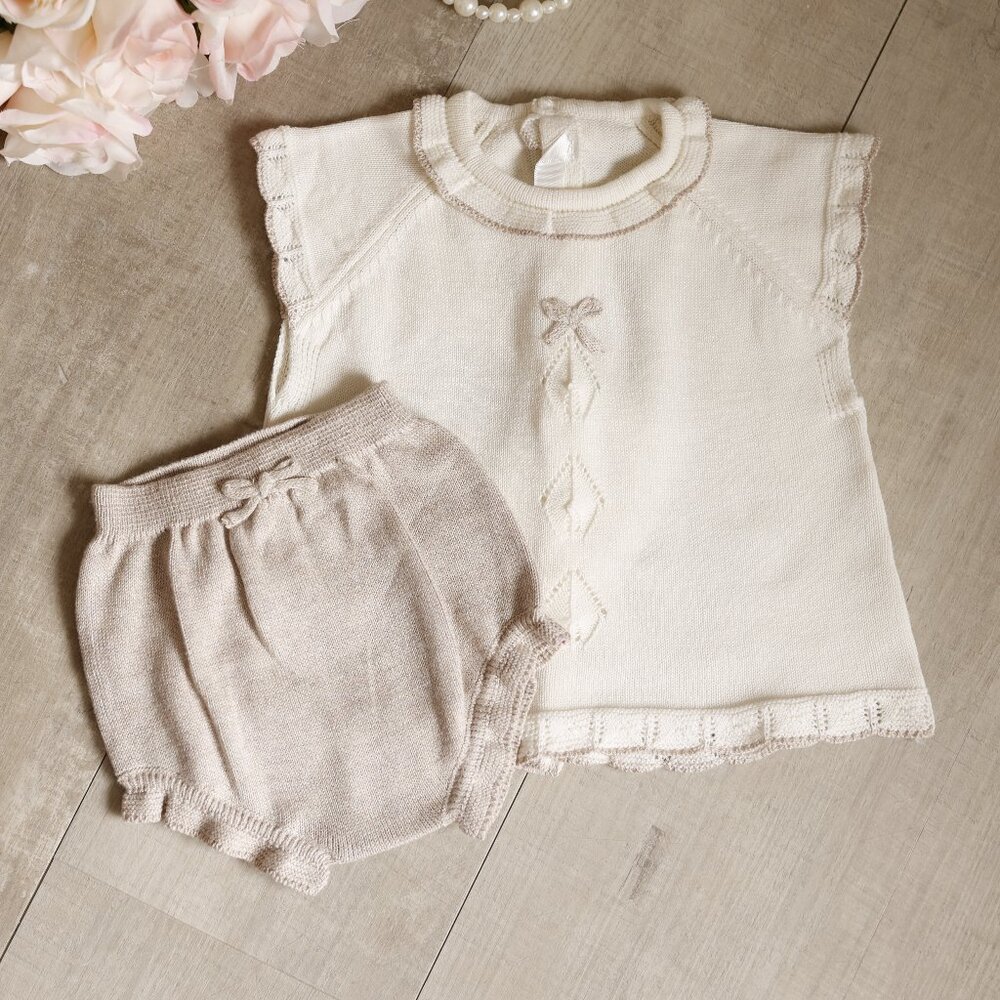 Cotton Sweater Knit Scalloped Set Ivory/Creme Khaki Tan Argyle Boutique NWT